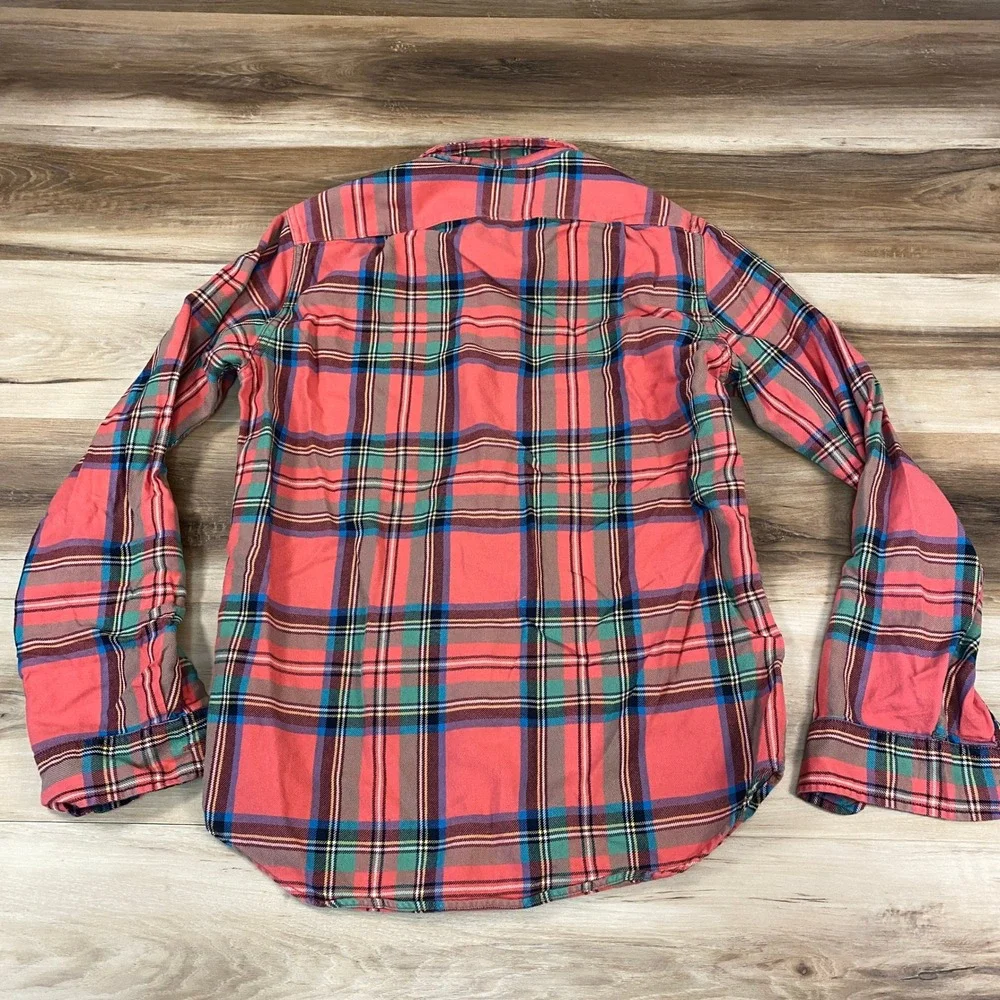 J. Crew‎ Flannel Shirt Mens Small Sportsmen's Outfitter Plaid Salmon Pink Green